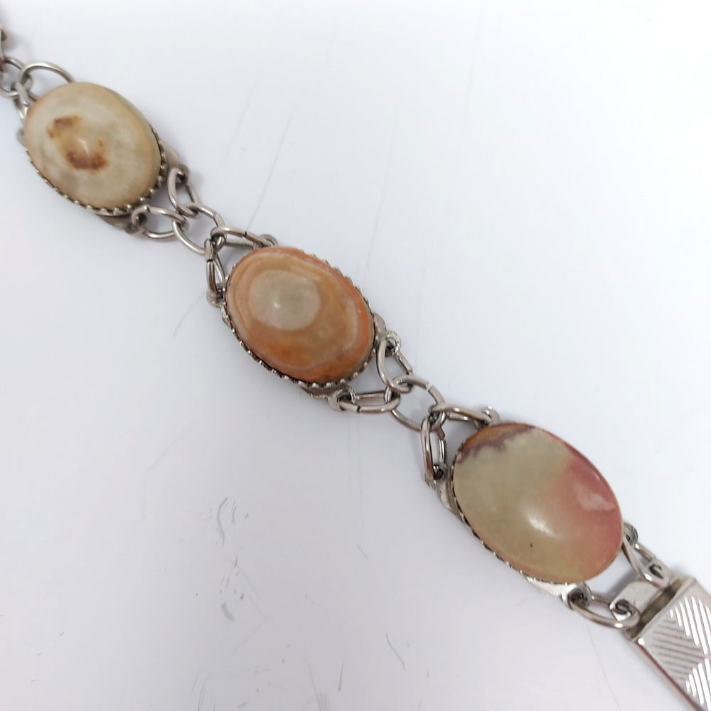 Vintage Peach Agate Gemstone Cabochon Bracelet MCM 1950s 7"